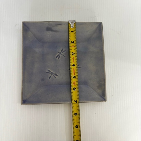 Earthenware Artisan Pottery dragonfly Dish Plate Square Purple Gray Signed - Picture 5 of 6